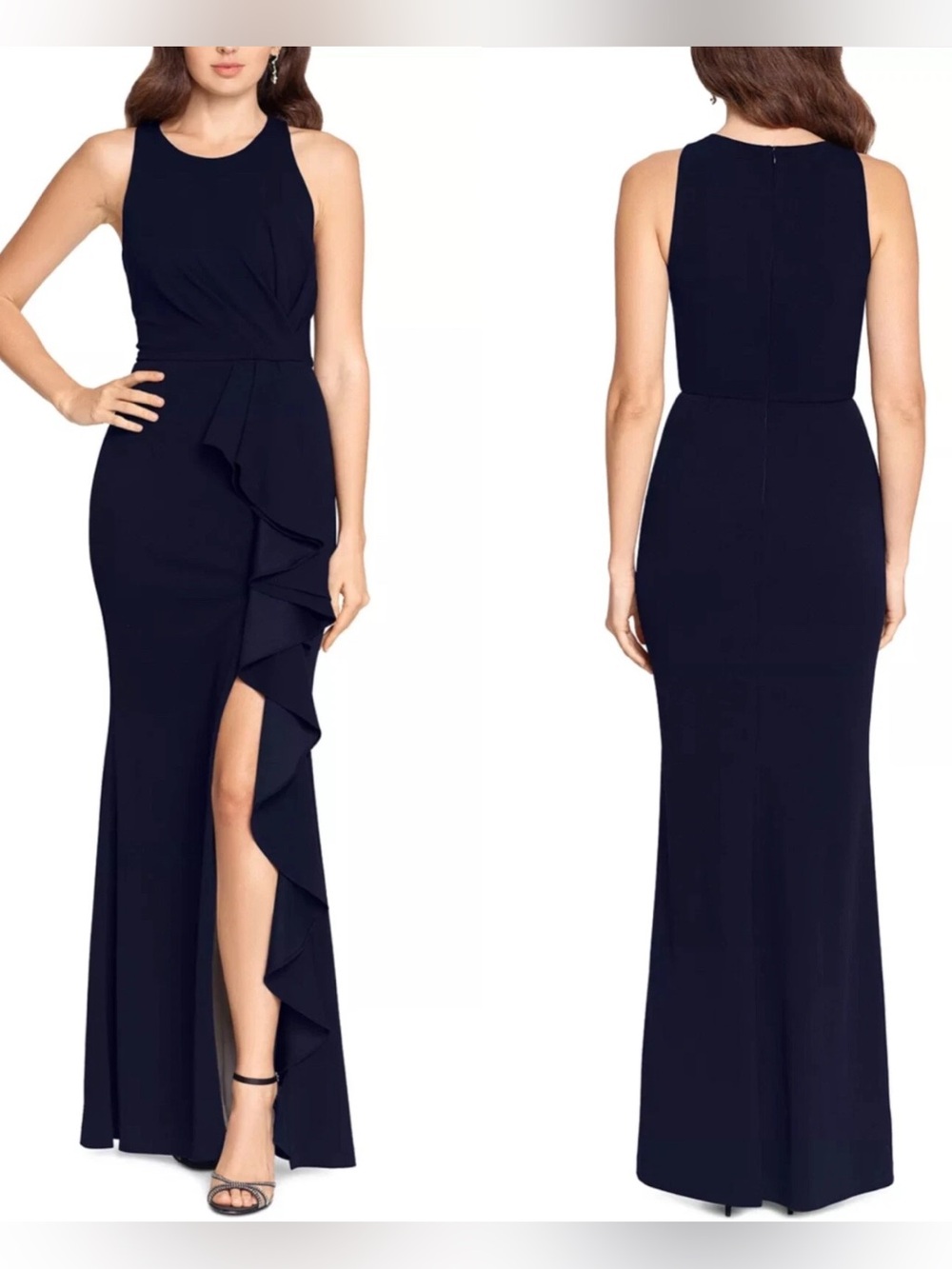 BETSY & ADAM Colby NAVY Scuba CREPE Ruffle HIGH SLIT Evening Dress size 16